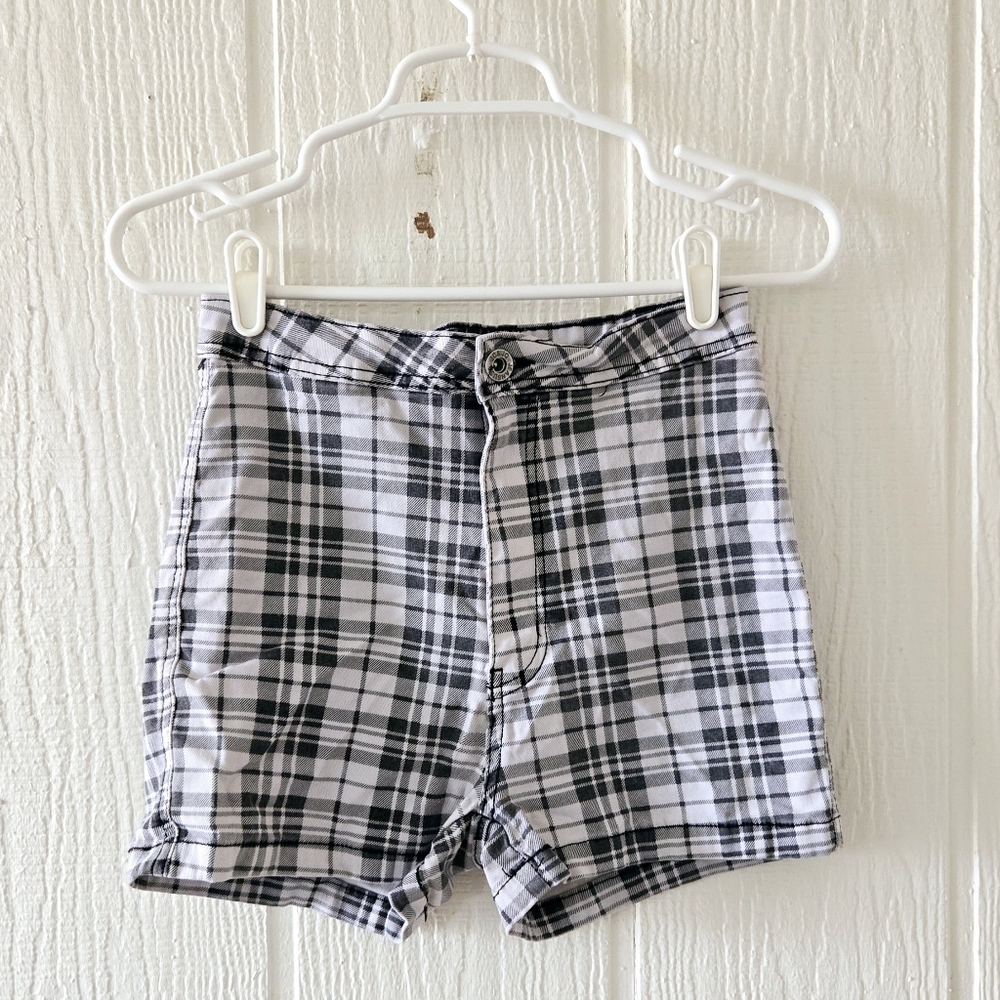 JC & JQ Stretchy Black & White Plaid Denim Shorts Pockets Large